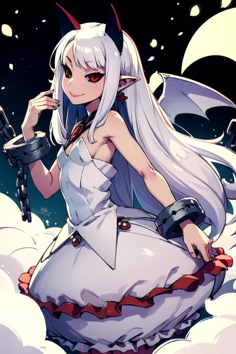 ((masterpiece,best quality)), absurdres,
<lora:Pram_Phantom_Kingdom_Anime_Dim32:0.8>, Pram_Phantom_Kingdom, 
1girl, solo, long white hair, horns, pointy ears, red eyes, black sclera, jewelry, dress, bubble skirt, earrings, chain, bat wings, albino, shackles, very long hair,
solo, smiling, looking at viewer, cowboy shot, side view, 
cinematic composition, dynamic pose,