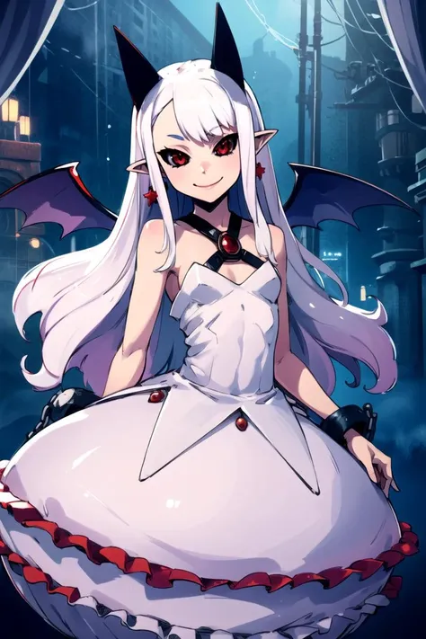 ((masterpiece,best quality)), absurdres,
<lora:Pram_Phantom_Kingdom_Anime_Dim32:0.8>, Pram_Phantom_Kingdom, 
1girl, solo, long white hair, horns, pointy ears, red eyes, black sclera, jewelry, dress, bubble skirt, earrings, chain, bat wings, albino, shackles, very long hair,
solo, smiling, looking at viewer, cowboy shot, , 
cinematic composition, dynamic pose,