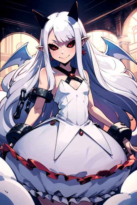 <lora:pram_V1:1.2>, Adorable Loli, Natural Volumetric Lighting And Best Shadows, Deep Depth Of Field, Sharp Focus, Portrait Of Stunningly Beautiful Petite Girl, Soft Delicate Beautiful Attractive Face With Alluring Sharp Eyes, Black Sclera Red Iris, Lovely Small Breasts, Sharp Eyeliner, Seductive Smiling, Open Mouth With Cute Fangs Out, Windswept Disheveled White Hair, Thick Layered Absurdly Long Hairstyles, Blush Eyeshadow With Thick Eyelashes, Parted Lips, Pale Skin, Pointy Ears, Metal Handcuffs, White Bare Shoulders One-Piece Dress, Red Jewel, White Demon Wings And Black Cat Ears, Blue-ish White Aura, Standing Tall, (Hand Reach Front:1.1), (Highest Quality, Amazing Details:1.4), Masterpiece, Bloom, Picturesque, Brilliant Colorful Paintings