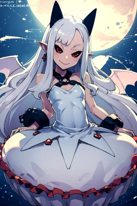 ((masterpiece,best quality)), absurdres,
<lora:Pram_Phantom_Kingdom_Anime_Dim32:0.8>, Pram_Phantom_Kingdom,
1girl, solo, long white hair, horns, pointy ears, red eyes, black sclera, jewelry, dress, bubble skirt, earrings, chain, bat wings, albino, shackles, very long hair,
solo, smiling, looking at viewer, cowboy shot, ,
cinematic composition, dynamic pose,