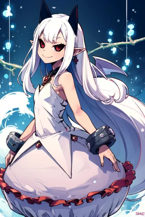 Sexy pure white haired elf girl in long blue dress with magical staff and red hight-heel boots ,glowing succubus tattoo on lower stomach seeing through clothing