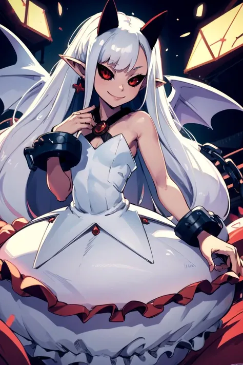 ((masterpiece,best quality)), absurdres,
<lora:Pram_Phantom_Kingdom_Anime_Dim32:0.8>, Pram_Phantom_Kingdom,
1girl, solo, long white hair, horns, pointy ears, red eyes, black sclera, jewelry, dress, bubble skirt, earrings, chain, bat wings, albino, shackles, very long hair,
solo, smiling, looking at viewer, cowboy shot, ,
cinematic composition, dynamic pose,