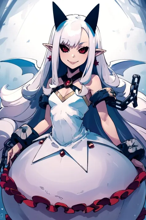 ((masterpiece,best quality)), absurdres,
<lora:Pram_Phantom_Kingdom_Anime_Dim32:0.8>, Pram_Phantom_Kingdom, 
1girl, solo, long white hair, horns, pointy ears, red eyes, black sclera, jewelry, dress, bubble skirt, earrings, chain, bat wings, albino, shackles, very long hair,
solo, smiling, looking at viewer, cowboy shot, , 
cinematic composition, dynamic pose,