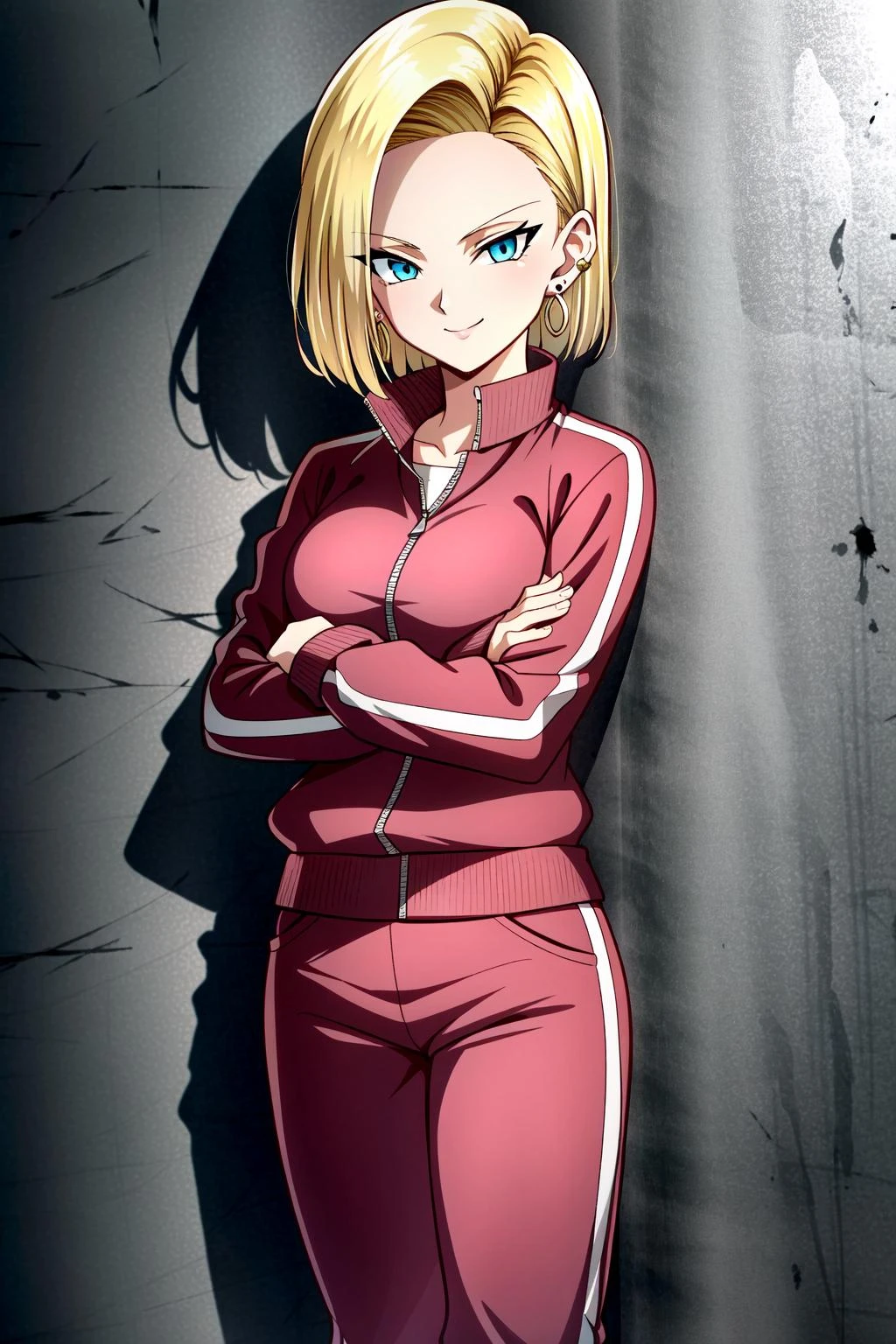 <lora:OGT_Android_18-v1:0.7> (extremely detailed CG unity 4k wallpaper),(masterpiece),(best quality),(ultra-detailed),(best illustration),(best shadow),(absurdres),(detailed background), Android 18, 1girl, android 18, solo, blonde hair, blue eyes, earrings, jewelry, jacket, crossed arms, short hair, pink track jacket, pants, pink track suit, looking at viewer, pink track pants, smile, breasts, cowboy shot, long sleeves