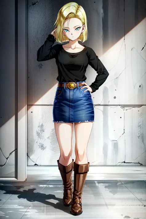 <lora:OGT_Android_18-v1:1> (extremely detailed CG unity 4k wallpaper),(masterpiece),(best quality),(ultra-detailed),(best illustration),(best shadow),(absurdres),(detailed background), Android 18, android 18, 1girl, solo, blonde hair, skirt, blue eyes, white background, full body, boots, brown footwear, simple background, short hair, hand on hip, belt, denim skirt, earrings, long sleeves, jewelry, looking at viewer, standing, shirt, blue skirt, hand in own hair, collarbone, black shirt, denim, striped sleeves, closed mouth