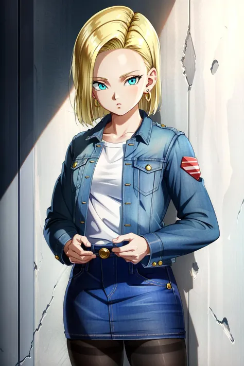 <lora:OGT_Android_18-v1:1> (extremely detailed CG unity 4k wallpaper),(masterpiece),(best quality),(ultra-detailed),(best illustration),(best shadow),(absurdres),(detailed background), Android 18, 1girl, android 18, solo, blonde hair, pantyhose, blue eyes, skirt, earrings, jewelry, short hair, white background, simple background, denim, black pantyhose, denim jacket