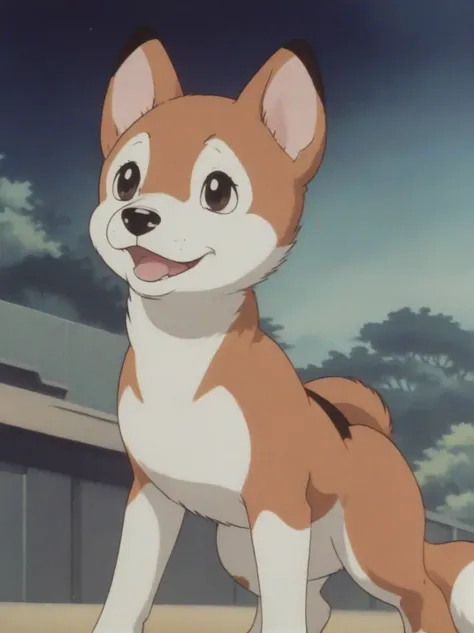 retro animestyle, amazing artwork in the style of osamu tezuka, a shiba inu, anime screencap vhs <lora:osamu_tezuka_xl_v1:1>