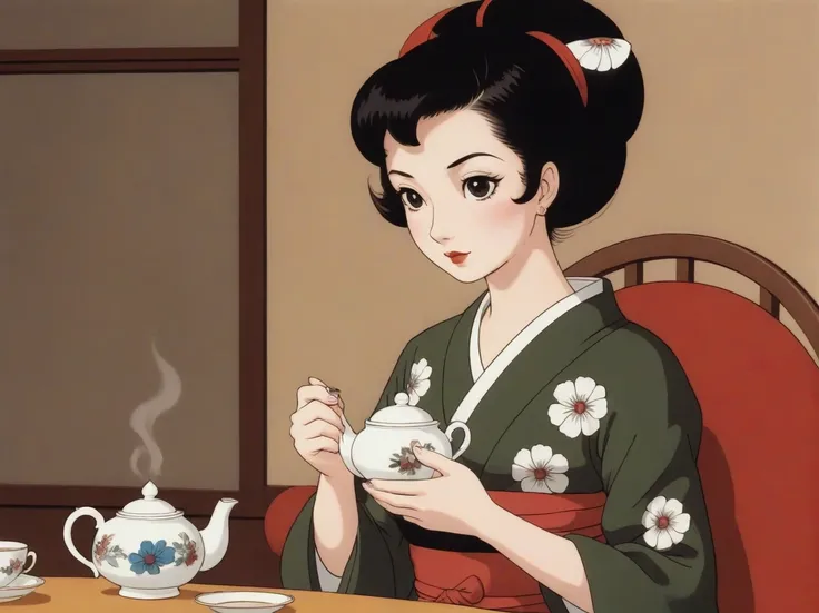 retro animestyle, amazing artwork in the style of osamu tezuka, a geisha serving tea <lora:osamu_tezuka_xl_v1:1>