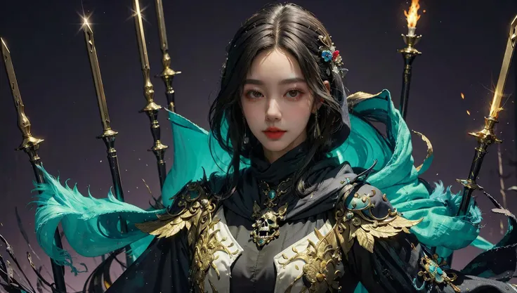 (wanjian:1.6), (masterpiece), (realistic:1.3), photorealistic, highly detailed, 8k, raw photo, extreme detailed, dynamic angle,   1girl, upper body, <lora:wanjian01:0.25> , multiple weapons (glowing), weaspons, solo, long hair, blonde hair, brown eyes, narrow waist, hair ornament, 
([sorceress cape:silk:0.7]:1.2), (([sunlight shimmering:laces:0.3):1.3) (black:1.6) dress, (hood), shimmering skull scarf,
<lora:OC:0.25>,  <lora:LowRA:0.65>,  <lora:on_fire10:0.1>, weapon on fire,