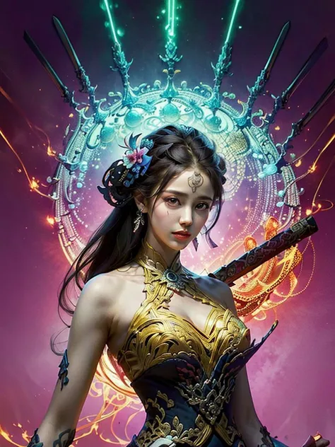 wanjian, multiple weapon (glowing weapon) official art, unity 8k wallpaper, ultra detailed, beautiful and aesthetic, masterpiece, best quality, photorealistic, (zentangle, mandala, tangle, entangle), extreme detailed, dynamic angle, the most beautiful form of chaos, elegant, a brutalist designed, vivid colours, romanticism zhongfenghua <lora:zhongfenghua:0.6> <lora:wanjian01:0.8>