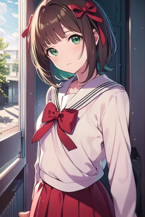 harukaamami, <lyco:harukaamami-LYCORIStest:1>,
haruka amami, brown hair, (green eyes:1.5), short hair, (hair bow:1.2), hair ribbon, bangs, blunt bangs, (small breast:1.2),
BREAK bag, bow, school uniform, serafuku, skirt, sweater, long sleeves, red bow, blue skirt, grey sweater,
BREAK looking at viewer,
BREAK indoors, classroom,
BREAK <lora:GoodHands-vanilla:1>, (masterpiece:1.2), best quality, high resolution, unity 8k wallpaper, (illustration:0.8), (beautiful detailed eyes:1.6), extremely detailed face, perfect lighting, extremely detailed CG, (perfect hands, perfect anatomy),