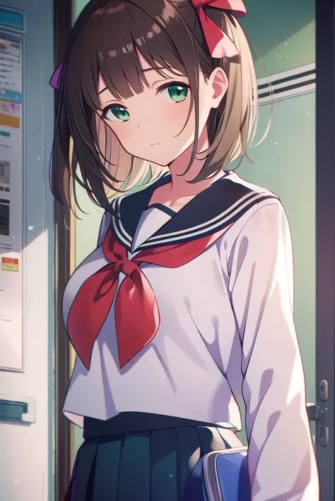 harukaamami, <lyco:harukaamami-LYCORIStest:1>,
haruka amami, brown hair, (green eyes:1.5), short hair, hair bow, hair ribbon, bangs, blunt bangs, (small breast:1.2),
BREAK bag, bow, school uniform, serafuku, skirt, sweater, long sleeves, red bow, blue skirt, grey sweater,
BREAK looking at viewer,
BREAK indoors, classroom,
BREAK <lora:GoodHands-vanilla:1>, (masterpiece:1.2), best quality, high resolution, unity 8k wallpaper, (illustration:0.8), (beautiful detailed eyes:1.6), extremely detailed face, perfect lighting, extremely detailed CG, (perfect hands, perfect anatomy),