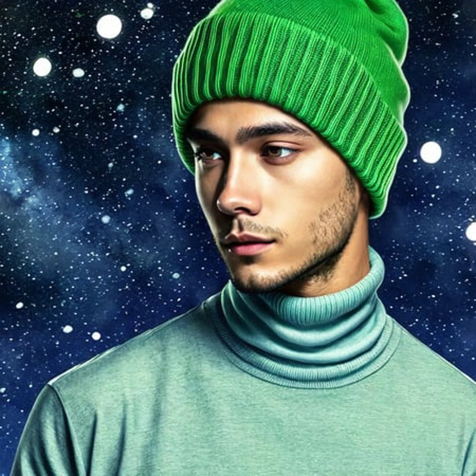 Masterpiece, best quality, green hair, sweater, looking at viewer, upper body, beanie, outdoors, watercolor, night, turtleneck