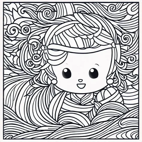 Kawaii style baby, fantasy, magical, mystical, unusual, black and white, wavey lines, realistic line art drawing, coloring book page, no noise, crisp thick lines, outline art, centred image, isolated on a white background