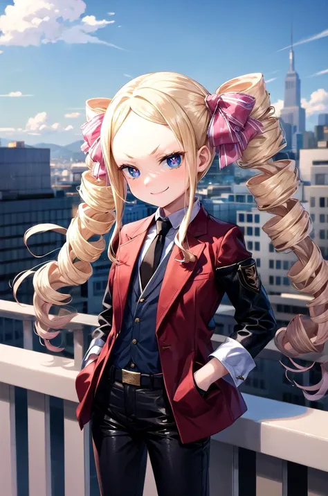 (masterpiece, best quality, detailed), 1girl, solo, looking at viewer, aabeatrice, symbol-shaped pupils, long hair, twin drills, sidelocks, hair ribbon, pink bow,
short sleeves, black pants, black necktie, red shirt, red gloves, jacket on shoulders, black jacket, outdoors, rooftop, day, cityscape, blue sky, cloud, scenery, railing, hands in pockets, smug, smile, closed mouth, v-shaped eyebrows