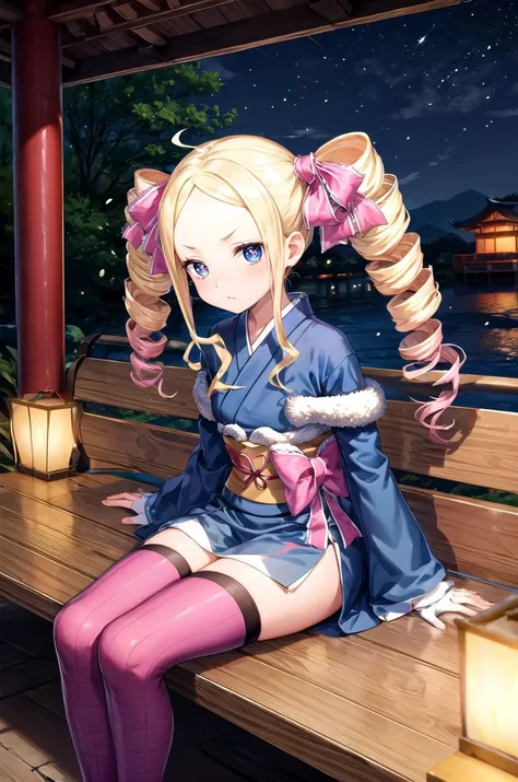 (masterpiece, best quality, detailed), 1girl, solo, looking at viewer, aabeatrice, symbol-shaped pupils, long hair, twin drills, sidelocks, hair ribbon, pink bow,
ninja, fishnets, arm guards, japanese clothes, thighhighs, fingerless gloves, sash, forehead protector, pelvis curtain, scarf, outdoors, night, torii, shrine, east asian architecture, sitting on bench, on bench, bench, sitting, full body, closed mouth