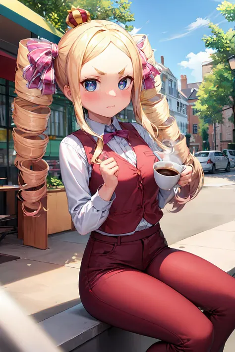masterpiece, best quality, highres, aabeatrice, symbol-shaped pupils, mini crown, long hair, twin drills, sidelocks, v-shaped eyebrows, hair ribbon, pink bow, High-waisted pants, Vest, <lora:beatrice_(re_zero):0.7>, cafe terrace, outdoor seating, aromatic coffee, socializing, looking at viewer, blush, Dancing in a cha-cha-cha pose, <lora:add_detail:0.5>