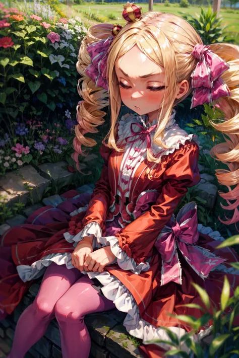 masterpiece,best quality,1girl,(solo),aabeatrice,closed eyes,blonde hair,long hair,twin drills,sidelocks,v-shaped eyebrows,hair ribbon,mini crown,pink bow,dress,frilled dress,red dress,bow,ribbon,pom pom \(clothes\),long sleeves,wide sleeves,frills,pantyhose,striped pantyhose,expressionless,sitting,garden,<lora:Concept-control tool-add_detail-CyberAIchemist:0.7>,<lora:CHAR-Re Zero-Beatrice-Betty-V1-AI_popai:0.9>,