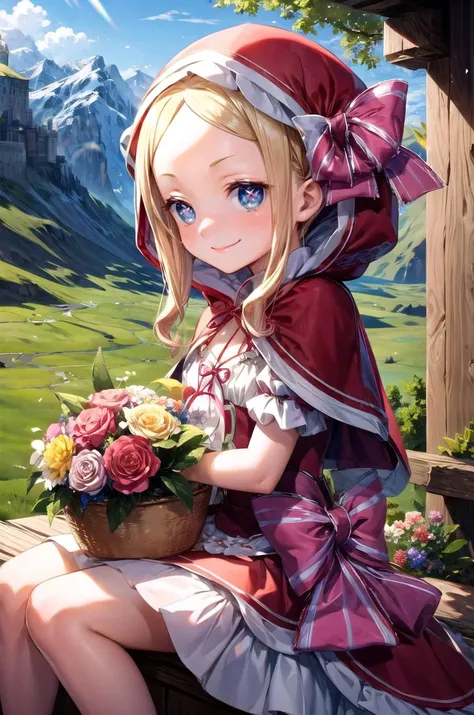 (masterpiece, best quality, detailed), 1girl, solo, looking at viewer, aabeatrice, symbol-shaped pupils, long hair, twin drills, sidelocks, hair ribbon, pink bow,
<lora:little_red_riding_hood_v0.1:1>, little red riding hood, frilled dress, basket, miniskirt, cleavage, outdoors, mountain, castle, fantasy, scenery, sky, holding bouquet, bouquet, flower, smile, closed mouth