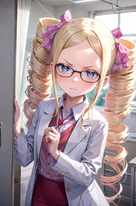 (masterpiece, best quality, detailed), 1girl, solo, looking at viewer, aabeatrice, symbol-shaped pupils, long hair, twin drills, sidelocks, hair ribbon, pink bow,
scientist, labcoat, glasses, collared shirt, pencil skirt, <lora:infirmary_v0.1:1>, infirmary, curtains, hospital bed, <lora:peeking_out_upper_body_pruned:1.2>, peeking out upper body, opening door, glaring, shaded face, closed mouth