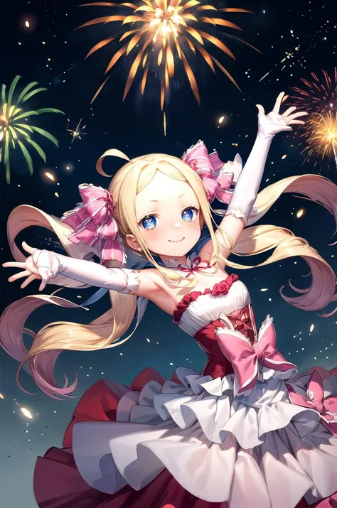 (masterpiece, best quality, detailed), 1girl, solo, looking at viewer, aabeatrice, symbol-shaped pupils, long hair, twin drills, sidelocks, hair ribbon, pink bow,
bride, wedding dress, bridal veil, strapless dress, elbow gloves, white rose, hair flower, layered dress, fireworks, aerial fireworks, festival, night sky, jumping, outstretched arms, arms up, midair, smile, closed mouth, blush, happy