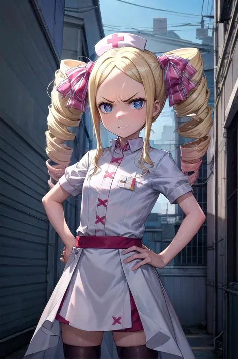 (masterpiece, best quality, detailed), 1girl, solo, looking at viewer, aabeatrice, symbol-shaped pupils, long hair, twin drills, sidelocks, hair ribbon, pink bow,
nurse, nurse uniform, white thighhighs, nurse cap, id card, white dress, <lora:alley-wasabi:1>, alleyway, industrial pipe, building, urban, power lines, cloudy sky, sign, dark, night, hands on hips, annoyed, closed mouth
