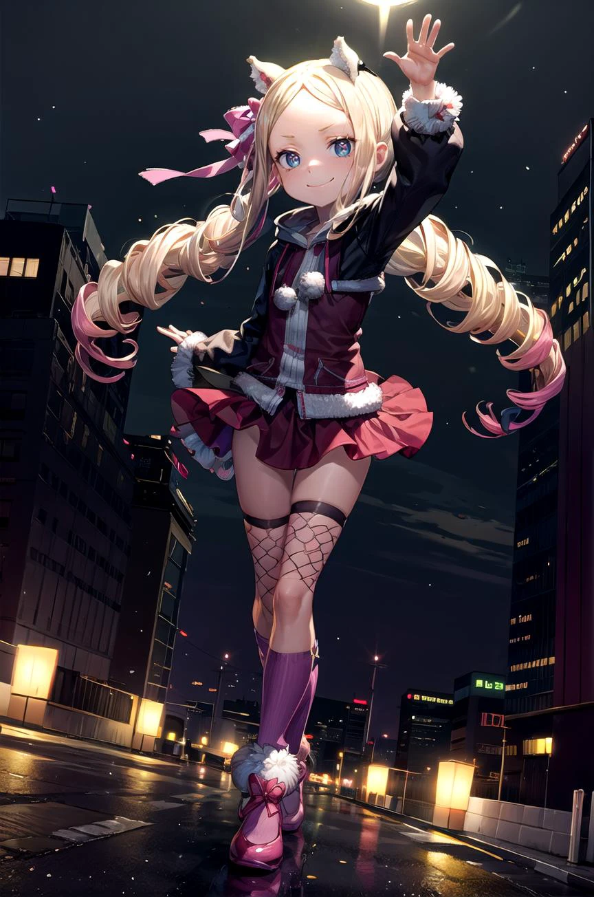 (masterpiece, best quality, detailed), 1girl, solo, looking at viewer, aabeatrice, symbol-shaped pupils, long hair, twin drills, sidelocks, hair ribbon, pink bow,
<lora:edgRaveGirls:1>, edgRavegirl, socks, hood, miniskirt, (multicolored clothes, colorful, multicolored skirt, multicolored legwear), fishnets, fur leg warmers, skirt, hood up, outdoors, cyberpunk, city, night, city lights, neon lights, skyscraper, dark, waving, hand up, arm up, walking, smile, closed mouth