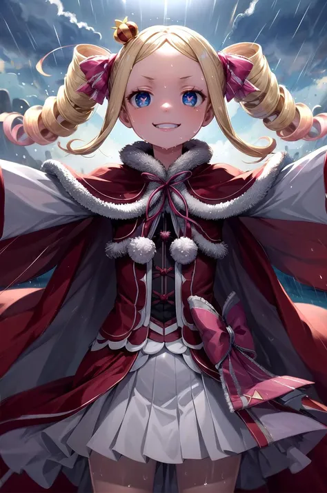 (masterpiece, best quality, detailed), 1girl, solo, looking at viewer, aabeatrice, symbol-shaped pupils, long hair, twin drills, sidelocks, hair ribbon, pink bow,
king, cape, fur-trimmed cape, armor, gold, crown, gem, jewelry, white gloves, outdoors, lightning, rain, cloudy sky, wet, storm, wind, spread arms, outstretched arms, evil smile