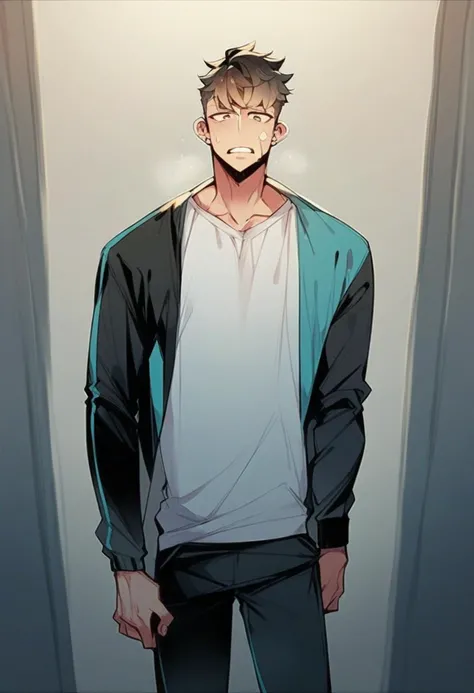 score_9, score_8_up, score_7_up, score_6_up, score_5_up, score_4_up, <lora:Juder_for_Pony:1.25> juder_style, 1boy, solo , at the elevator, indoors, 2d illustration