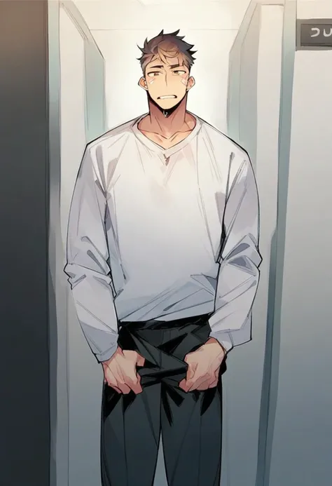 score_9, score_8_up, score_7_up, score_6_up, score_5_up, score_4_up, <lora:Juder_for_Pony:1.25> juder_style, 1boy, solo , at the elevator, indoors, 2d illustration