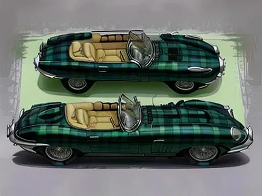 Jaguar e-type, three quarter view, whole car view, (painted with blue-green-plaid) <lora:bgp_v1:1.3>