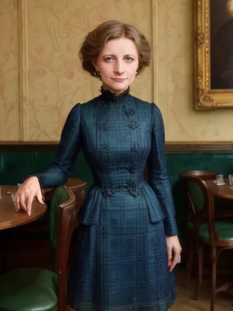 masterpiece, uhd, sharp color photo of a pretty lady wearing a blue-green-plaid dress, with a hit on, at a Parisian cafe <lora:1905_dress_v1:0.5> 1905_dr3ss<lora:bgp_v1-000003:0.8>