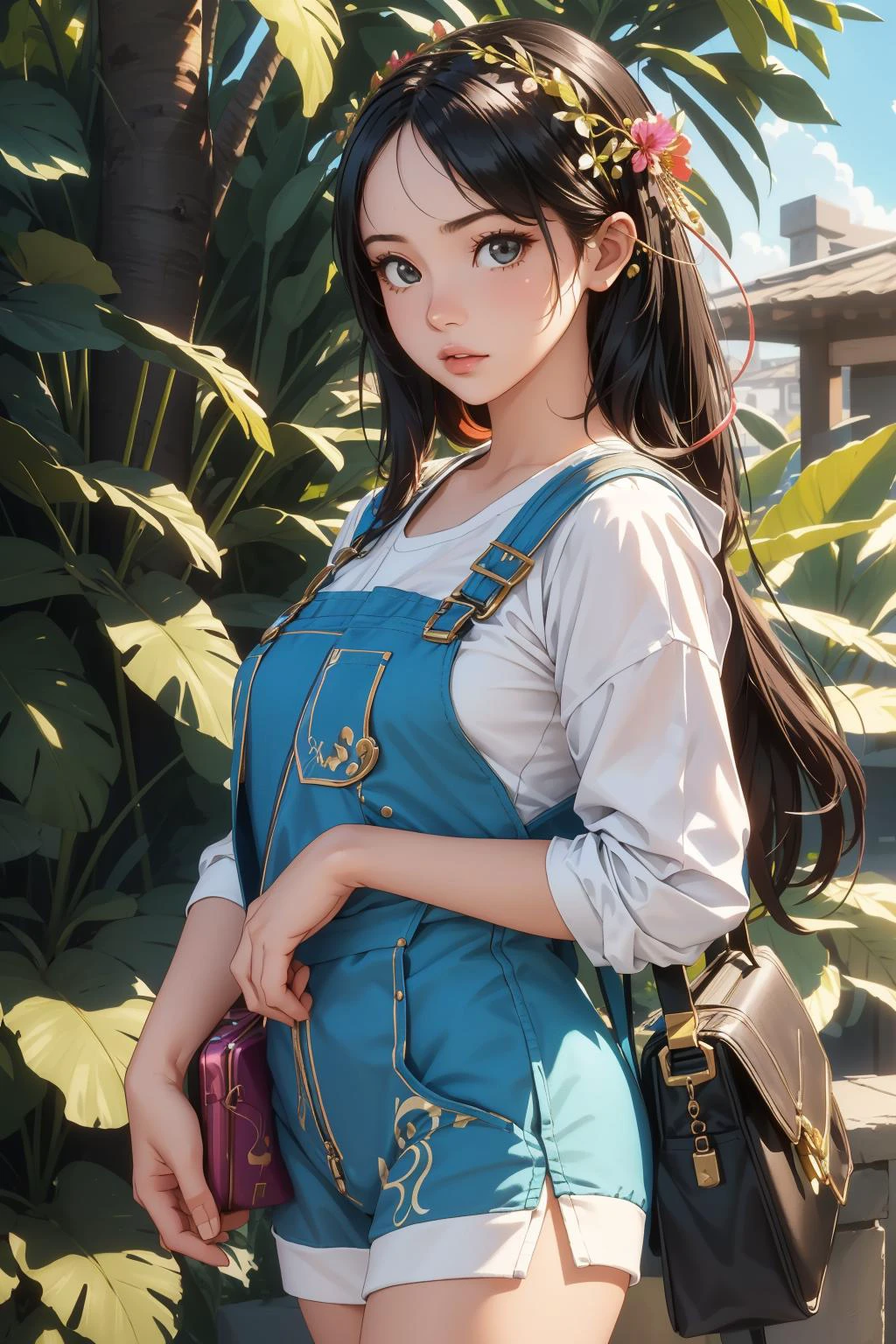 1girl, awardwinning Unreal Engine, intricate details, masterpiece, hip level shot of a Lyrical Oversized midweight Burundian ([Emese|Polina]:1.3) , she is cosplaying as HymenTriton, ð, she is feeling very insecure, Emese is Playing video games, she is dressed in her Excessivism fashion style [Skater dress|Overalls], her hair is [Samoan:Irish:7] and styled as Lob, she has a Lovely Samurai Colorful Circlet, [Sacred:Average:12] Briefcase, lush foliage and Planet Venus in background, at Dusk, Sharp and in focus, Magic Realism, Depressing, Biopunk Art, Gel lighting, telephoto lens, Warm Colors, blended visuals, Luminous trails, matte skin, photo-realistic face, hyperdetailed, RTX