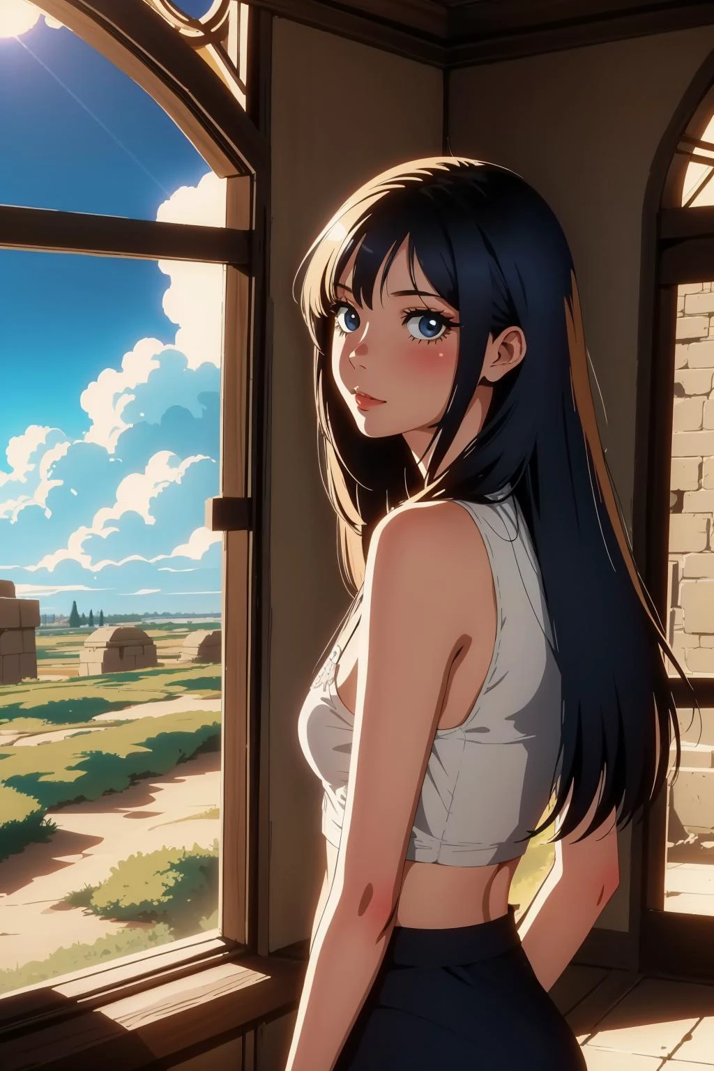1girl, landscape of a Fort Lovrijenac from inside of a Oasis, at Dusk, comics art stylized by Andrew Robinson, Anime screencap, intricate details, Cloudpunk, natural lighting, Kinemacolor