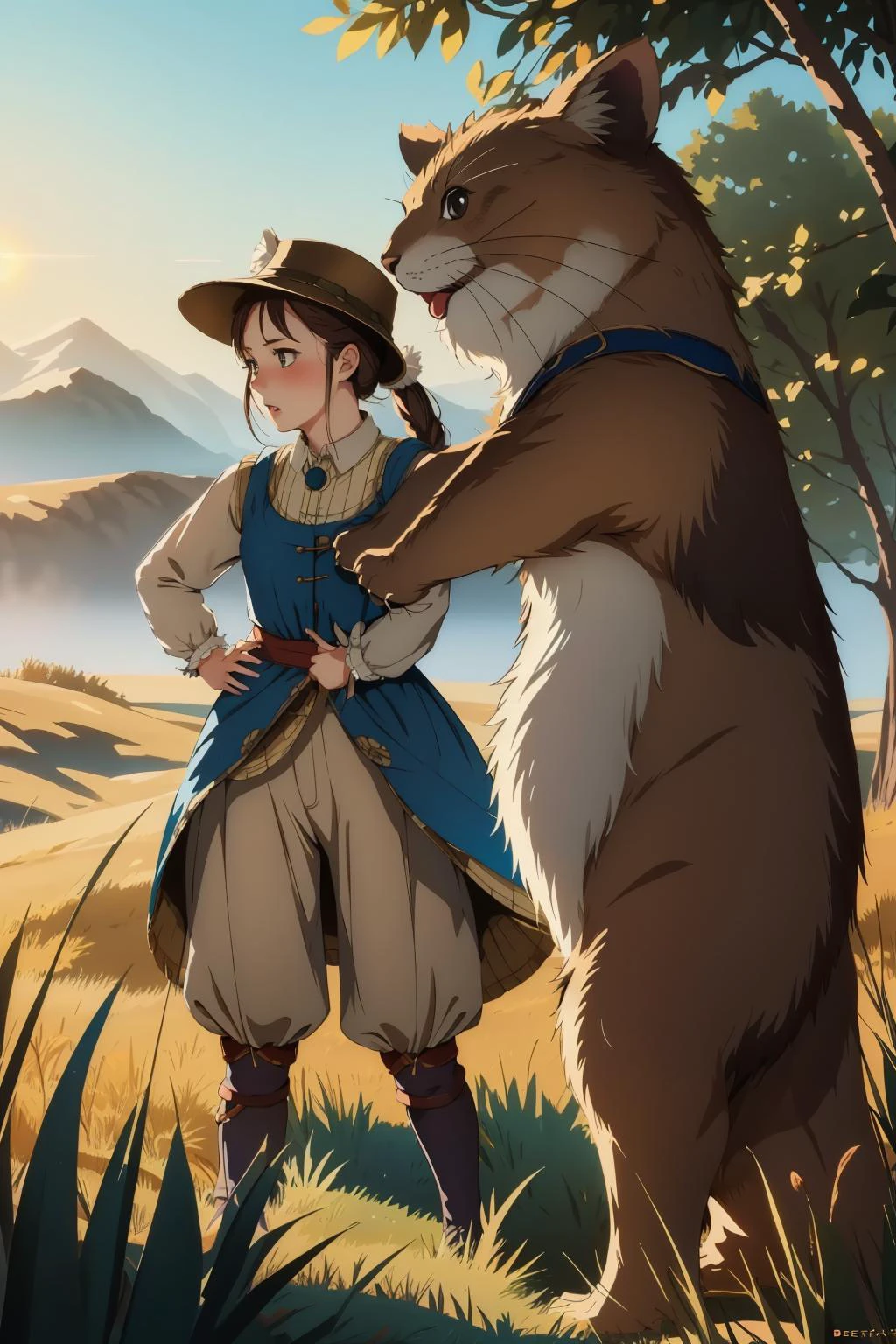 1girl, (art by Beatrix Potter:1.2) , Literal "Threatening Roar", background is reeds, at Sunrise, pinhole lens, moody, League of Legends Splash Art, High quality, funny