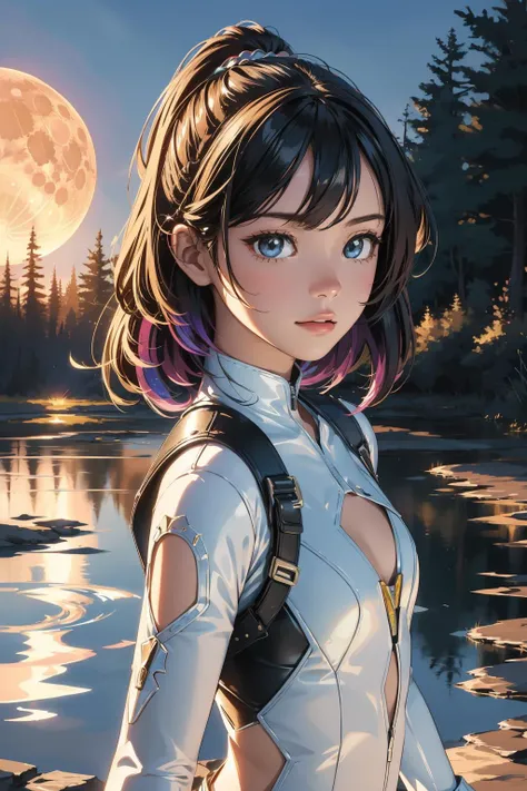 1girl, professional Vector Art, desolate pond and Solar system in background, Naturecore, hyper detailed, Aerial View of a Aetherpunk [Natural:Shimmering:9] ("Bad moon risin', I see trouble on the way.":1.3) , Layered Home in background, at Sunset, Sharp and in focus, Detailed illustration, Tranquil, soft lighting, Circular polarizer, Amaro, Pearlescent lightning bolts, halftone texture, highly detailed, ultra high res