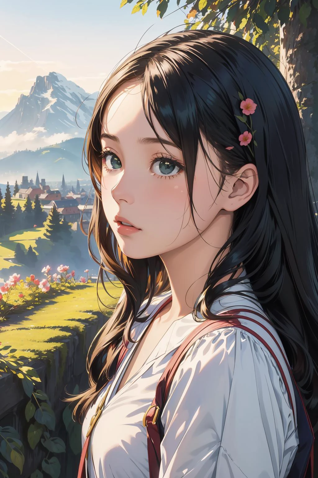 1girl, dramatic Technical illustration, Romantic, over the shoulder shot of a ("For the Cause":1.3) , it is very Astonishing and Mesmerizing, flora and Beech background, lush mountains and Draco constellation in background, at Sunset, Very wide view, Suffering, Arts and Crafts Movement, waning light, Depth of field 100mm, Muted Colors, Green details, Iridescent sky, professional, absurdres, (landscape art by Wilhelmina Weber Furlong:1.2) , (Bruno Walpoth:1.3)