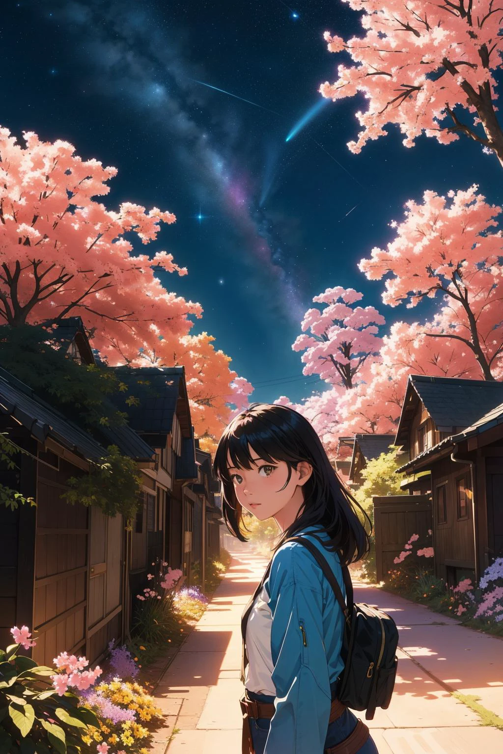1girl, concept art painting of a fantasy alien Jungle landscape at night, deep yellow spring blossoms and Orion's Belt in background, glowing Violet roots, village of houses made of garden, Peach sky, realistic, detailed, cel shaded, in the style of makoto shinkai and greg rutkowski and albert bierstadt and james gurney