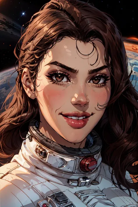 1girl, portrait of ValentinaNappi, brown eyes, brown hair, long hair, detailed face, close up, smile, lipstick, <lora:Nappi:0.9>, space background