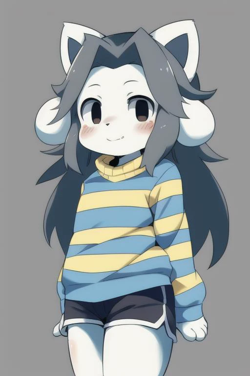 <hypernet:temmie:0.6> temmie, 1girl, furry, four ears, long gray hair, cat girl, female, feline, solo, undertale,
striped sweater, shorts, earrings,
portrait, hi res, by dagasi