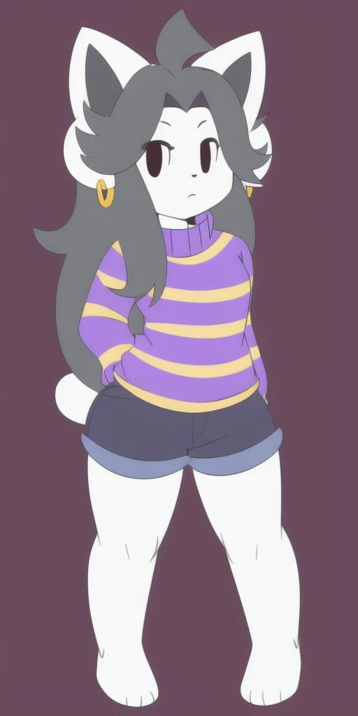 <hypernet:temmie:0.6> temmie, 1girl, furry, four ears, long gray hair, cat girl, female, feline, solo, undertale,
striped sweater, shorts, earrings,
portrait, hi res, by captainkirb