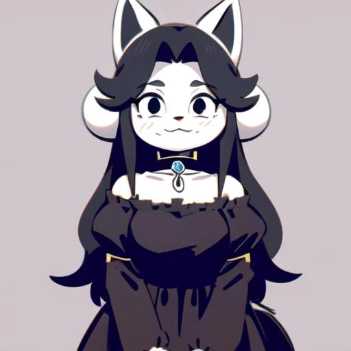 <hypernet:temmie:0.8> temmie, 1girl, furry, feral, four ears, black dress, goth, spikes, choker, long hair, frilly clothing