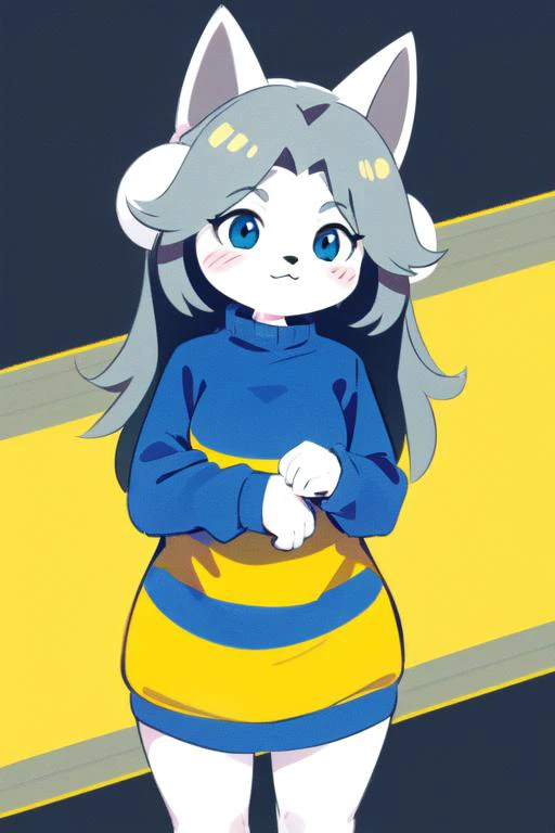 <hypernet:temmie:0.8> temmie, 1girl, furry, four ears, long gray hair, blue and yellow striped sweater, fluffy fur texture, bottomless, cat girl