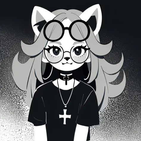 <hypernet:temmie:0.7> solo, temmie, 1girl, furry, ((four ears)), long gray hair, cat girl, hawaii shirt, goth, chains, spikes, round glasses, choker, cross earrings, flat color, arms at sides, mix patterns  <lora:Mix patterns:0.5>