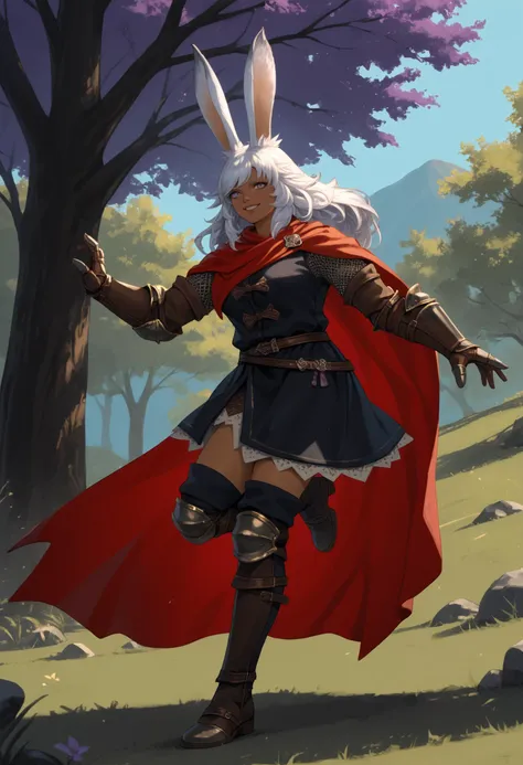 score_9, score_8_up, score_7_up, 1girl, LynaFF, dark-skinned female, animal ears, purple eyes, white hair, long hair, large breasts, toned,
Lynadef, armor, red cloak, leather tunic, gauntlets, multiple belts, absolute territory, black knee boots,
looking at viewer, smile, holding chakram, chakram, side view, dancing,
outdoors, purple trees,
<lora:LynaPDXL_V1-Manityro-CAME:1.0>,