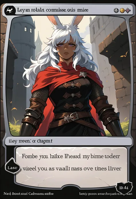 c4rd,english text,character name,
portrait, looking at viewer, serious,
LynaFF, dark-skinned female, animal ears, Purple eyes, white hair, long hair, large breasts, Lynadef, armor, chainmail, red cloak, leather tunic, gauntlets, multiple belts, black knee boots
,score_9,score_8_up,score_7_up, source_anime,
<lora:MTG_card_v2:1> <lora:LynaPDXL_V1-Manityro-CAME:1>