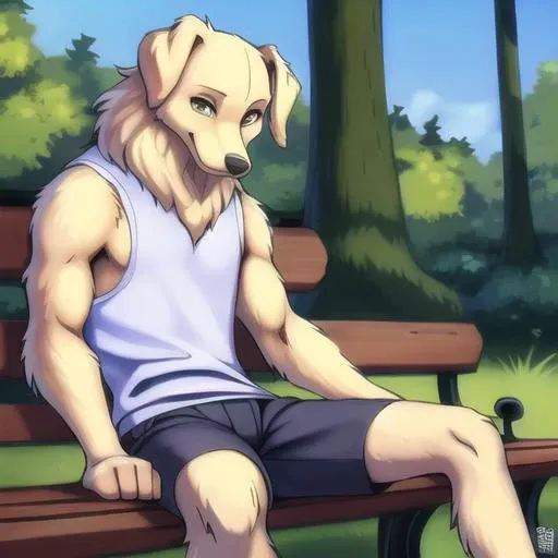 dog anthro, male dog anthro, high detail, lose shorts and tshirt, sitting on park bench, looking at viewer, photography, fit, pants, soft shading, detailed fur, realistic, [by kacey miyagami by personalami by devil-vox], by ghibli, soft shading, clahe, scurve, paper texture, muscular, film grain, low saturation, classical animation, pastel colors, fading, golden retriever, buff