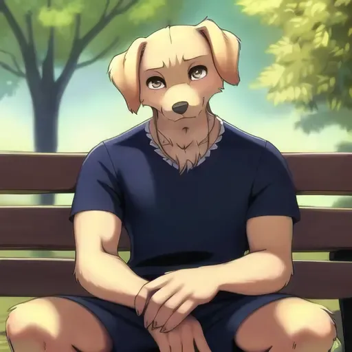 dog anthro, male dog anthro, high detail, lose shorts and tshirt, sitting on park bench, looking at viewer, photography, fit, pants, soft shading, detailed fur, realistic, [by kacey miyagami by personalami by devil-vox], by ghibli, soft shading, clahe, scurve, paper texture, muscular, film grain, low saturation, classical animation, pastel colors, fading, golden retriever, buff