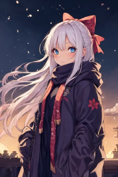 **kawaii girl, ++solo+, ++best quality, ++illustration\\, ++splendid//, ++minor//, ++wind//, ++perfect composition//,++gallant/, ++remnants//, ++morbid-//, ++occult//, ++deadly--, ++gloves^, **night view^\, ++ephemeral girl//, enthusiast, bewitching, *kawaii girl//, *light leaks\\, ++wind//, ++ink splashing, ++upper body, *stand still, ++outline//, ++character focus//, ++absurdly long hair, ++white hair//, ++bow, \+fluffy//, ++detailed eyes//, hoodie, ++detailed sky, ++rabbit*, ++rabbit*, scarf, ++illustration\\, ++booth//, ++booth//, ++booth//, ++illustration\\, ++illustration\\, ++illustration\\, ++illustration\\, ++best quality, ++best quality, ++best quality, ++best quality*, ++japanese//, snow, twilight,  <lora:SilvermoonMix03:1>
