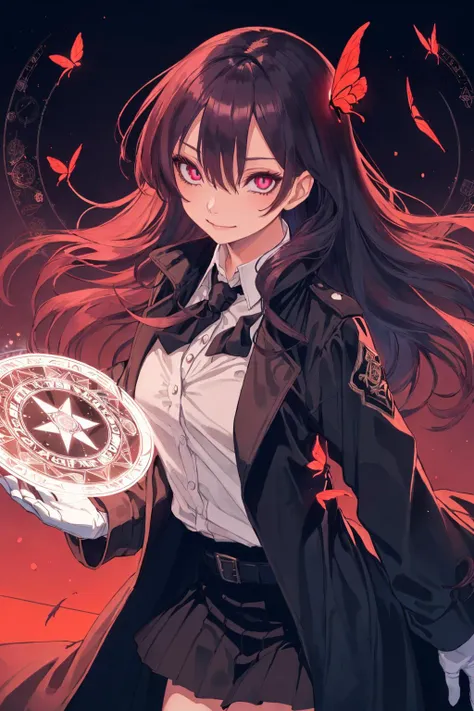 masterpiece, (best quality:1.1), (1girl), solo, cowboy shot, (finely detailed eyes and detailed face:1.3), (illustration:1.1), field of depth, (extremely fine and beautiful:1.1), (black trench coat + beautiful detailed black vest + white shirt:1.1 + black tie + black skirt + black flower on head + black gloves), (white_hair + medium_hair + wavy_hair), (red eyes:1.1),small_medium breasts, eyelashes, , pale skin, evil smile, beautiful detailed fallen small city + detailed ruin, many object, beautiful and clear background:1.2, renegade, evil, ((Red butterflies flying|around the character:1.3 + red light particles:1.15), ((perfect magic circle:1.3)), many object <lora:SilvermoonMix03_2:1>